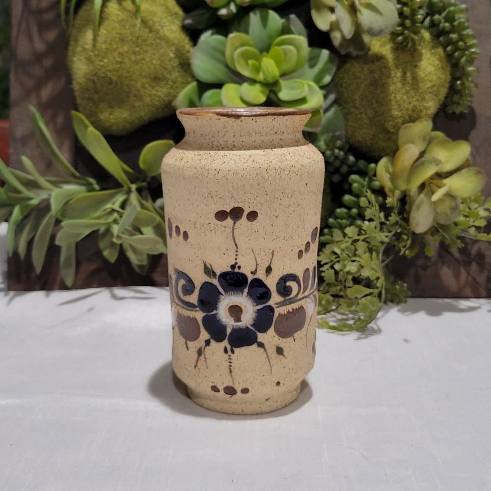 Tonala Mexican floral art pottery stonewear vase signed